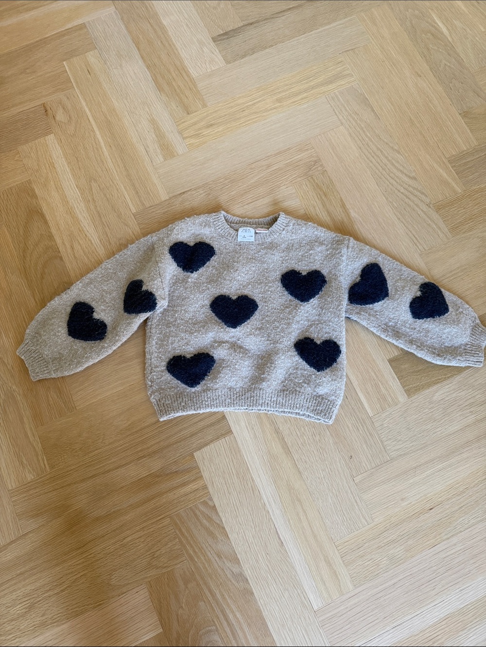 Zara Beige Crewneck Sweater with Navy Heart Motifs